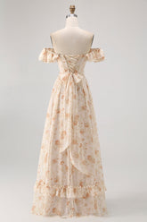Champagner Blumen Schulterfreies Korsett A-Linie Brautjungfernkleid mit Schlitz